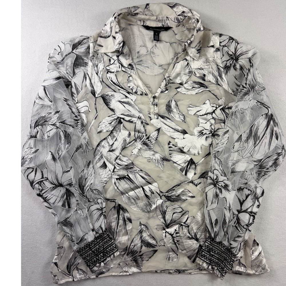 White House Black Market Burnout Floral Bird Blouse White Black Minimalist M - Picture 2 of 9